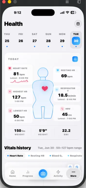 Health vitals dashboard with heart rate 81 bpm, resting HR, respiratory rate, HRV and BMI