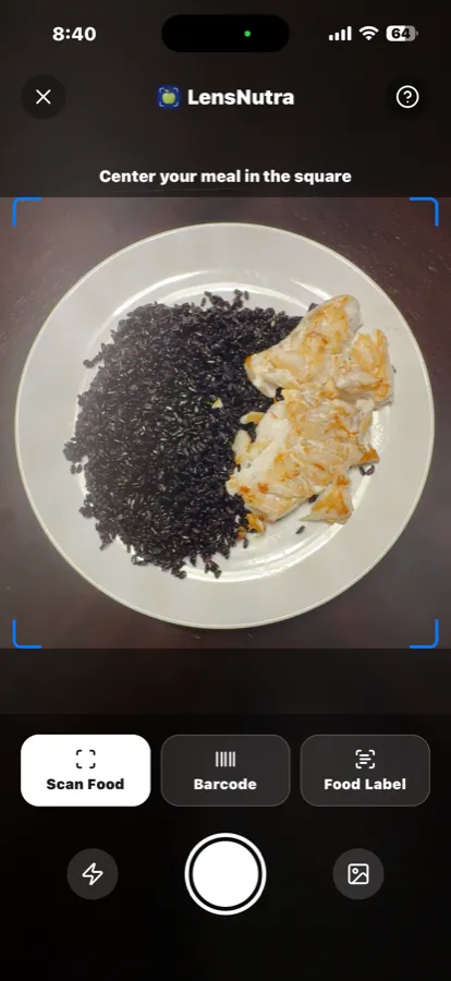 LensNutra camera centering a plate of fish and rice to count calories from a photo